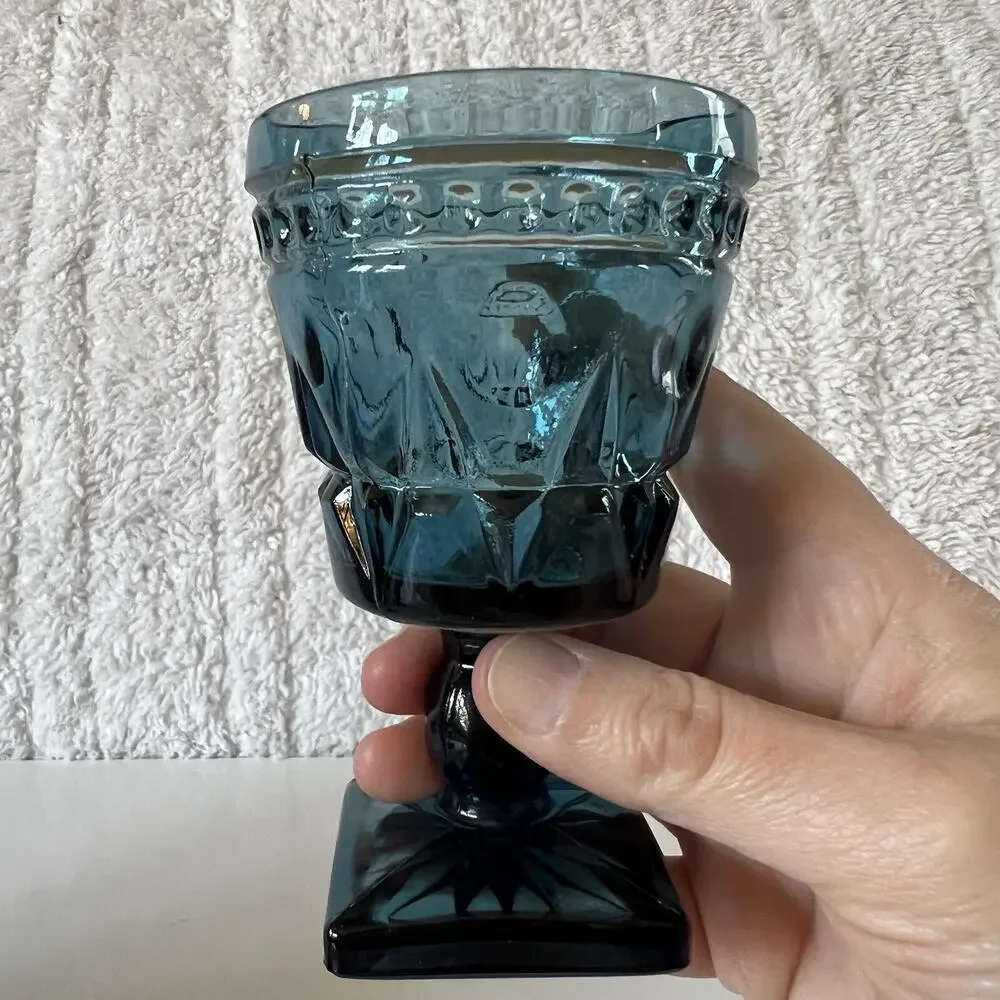 Indiana Glass Colony Park Lane Teal Blue Goblet Glass 4 1/2” Tall Vintage Set 4
